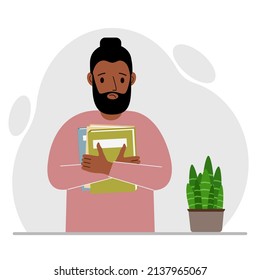 A man holds a stack of books in his hands. Knowledge or education for future work, personal improvement, reading list. Vector flat illustration