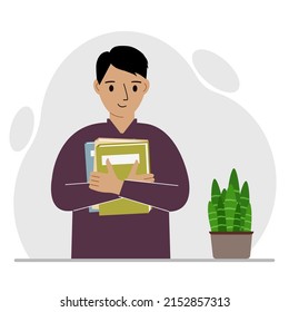 A man holds a stack of books in his hands. Knowledge or education for future work, personal improvement, reading list. Vector flat illustration
