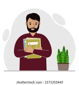 Un hombre sostiene un montón de libros en sus manos. Conocimiento o educación para el trabajo futuro, mejora personal, lista de lectura. Ilustración plana del vector