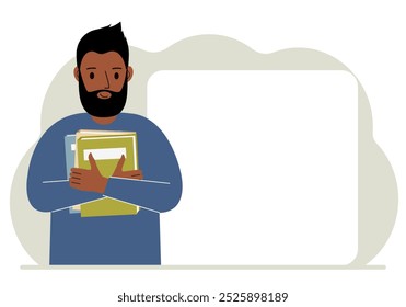 Ein Mann hält einen Stapel Bücher in seinen Händen. Wissen oder Ausbildung für zukünftige Arbeit, persönliche Verbesserung, Leseliste. Flache Vektorgrafik
