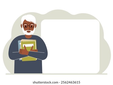 A man holds a stack of books in his hands. Knowledge or education for future work, personal improvement, reading list.