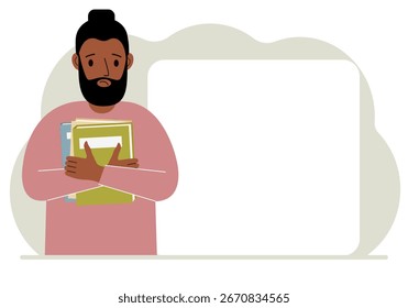 A man holds a stack of books in his hands. Knowledge or education for future work, personal improvement, reading list. Vector flat illustration