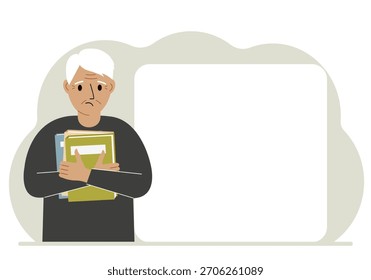 A man holds a stack of books in his hands. Knowledge or education for future work, personal improvement, reading list. Vector flat illustration