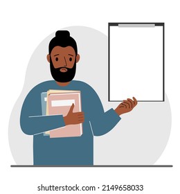 A man holds a stack of books in one hand, a clipboard in the other, space for text. Knowledge, education, teaching, personal improvement, reading list. Vector flat illustration.