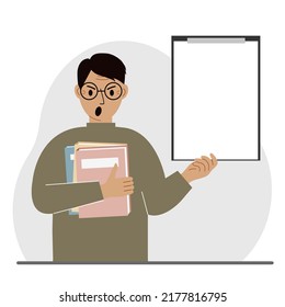 A man holds a stack of books in one hand, a clipboard in the other, space for text. Knowledge, education, teaching, personal improvement, reading list. Vector flat illustration.