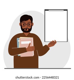 Un hombre sostiene un montón de libros en una mano, un portapapeles en la otra, espacio para texto. Conocimiento, educación, enseñanza, mejora personal, lista de lectura.