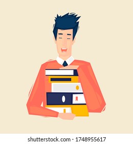 El hombre tiene un montón de libros, estudiantes, educación. Ilustración plana al estilo de las caricaturas. Vector.	