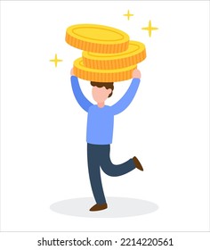 Man holds stack of money coins or cash. Business, finance, investment, revenue, earnings, and savings concept. Rich and wealthy. Cute cartoon flat vector illustration. Graphic design element. 