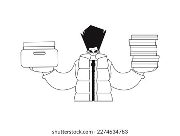 Man holds stacks of papers. Linear design. Vector art.