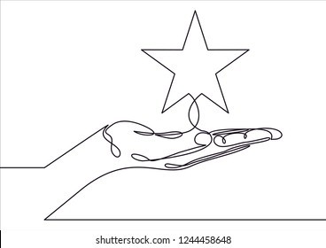 Man holds star on the palm of his hand, puts rating, reviews.Vector continuous line.