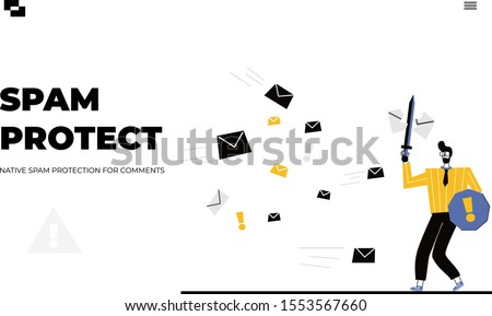 Man holds a sword and shield in his hand and cuts the spam letter in half. Spam, unwanted or unsolicited messages. Colorful vector illustration in modern flat style.