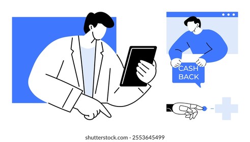 Man holds tablet, another person offers cashback. Finger presses button. Ideal for online transactions, digital finance, ecommerce, customer rewards, modern technology. Simple, minimal, clean style