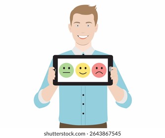Man holds tablet displaying satisfaction emoticons.