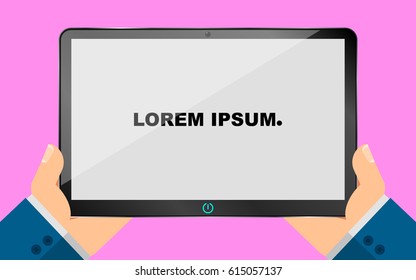 A man holds a tablet in his hands and looks at the boring, smooth screen. New technologies in design. Metal shell. Enter your own ones on the screen. Flat style