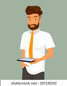 Man holds a tablet pc in his hand