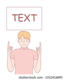 Man holds a tablet with text. Shows on a board, plate, inscription, banner. Hand drawn illustration. Vector style for design and website, brochure, newspaper..