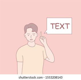 Man holds a tablet with text. Shows on a board, plate, inscription, banner. Hand drawn illustration. Vector style for design and website, brochure, newspaper..