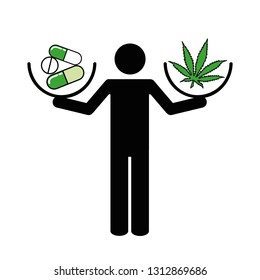 man holds tablets in one hand and cannabis in the other hand pictogram vector illustration EPS10
