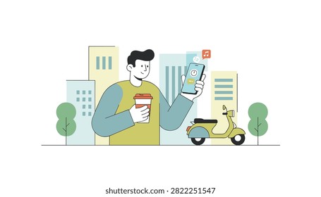 Man holds takeaway coffee cup while looking at smartphone next to retro yellow scooter against modern skyscrapers.