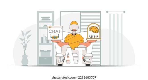 Man holds techsavvy AI brain, trendy style vector graphic.