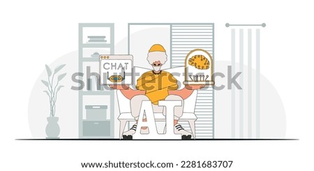 Man holds techsavvy AI brain, trendy style vector graphic.