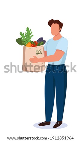 A man holds a textile bag with vegetables in her hands. Shopping of organic products. Say no to plastic. Waste-free consumption and saving the environment. Eco concept. Vector flat illustration