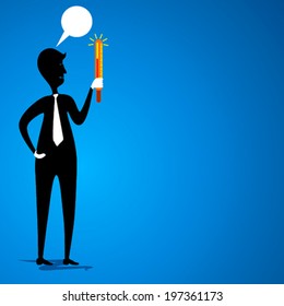 man holds the thermometer with message bubble design concept vector
