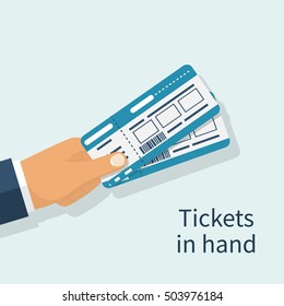 Man holds tickets in hand. Flat icon isolated. Concept travel and tourism. Vector illustration. Travel by plane. Can use as a template for different tickets. Boarding pass.