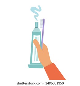 A man holds a toothbrush and toothpaste in his hand. Flat vector illustration.