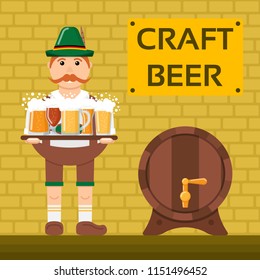 Man holds a tray with beer mugs. Craft Beer template with beer mugs and barrel. Vector illustration  for web, poster, invitation to party.