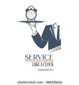 Man holds a tray with clock alarm over white background. Simple illustration vector logo, isolated. Service like a clock sign. Classic banner or label for restaurants, cafe and any business. 