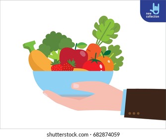 Man holds a tray of fresh vegetables and fruit. 
Health food concept. symbol of a healthy diet.
Veggie food, eat vitamins.
Vector flat cartoon design illustration.
Isolated on white background.