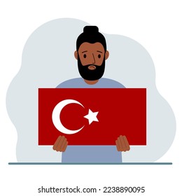 A man holds a Turkish flag in his hands. Concept for demonstration, national holiday, Turkey day or patriotism. Nationality. Vector flat illustration