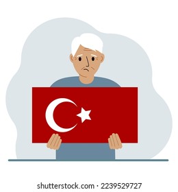 A man holds a Turkish flag in his hands. Concept for demonstration, national holiday, Turkey day or patriotism. Nationality. Vector flat illustration