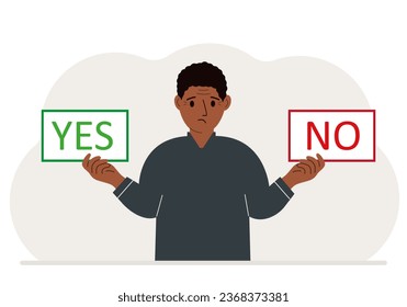 Un hombre sostiene dos carteles: Sí y No en sus manos. Pregunta de prueba. Elección indecisa, argumento, oposición, elección, dilema, opinión del oponente.