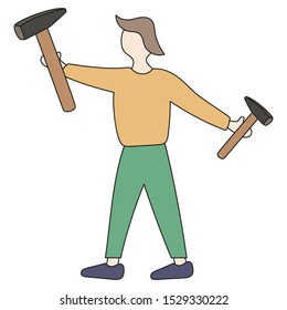 A man holds two hammers of different sizes in his hands