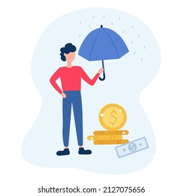 A man holds an umbrella over money. Covers money from the rain. Vector illustration in flat style