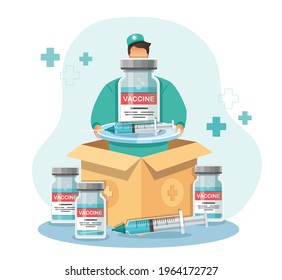 Man holds the vaccine box. delivery of covid-19 vaccines. Medicine healthcare concept, Vector illustration