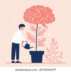 Man holds a watering can in his hand and waters a plant growing from his brain.Self improvement concept. Colorful vector illustration