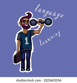 A man holds weight with one arm. Studying of foreign language. Cool cartoon guy.