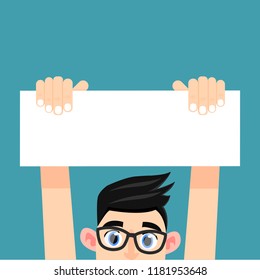 A man holds a white table on which you can write text on a blue background.