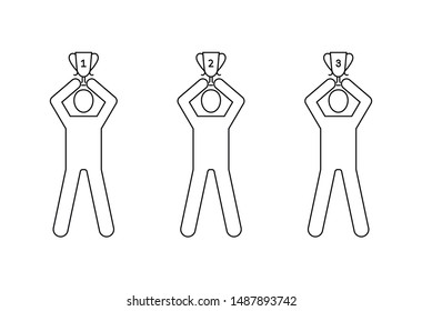 Man holds a winning trophy: first, second, third place  vector icon outline style