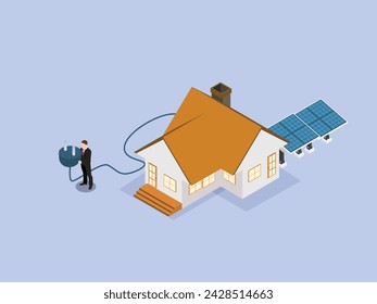 Man holds wire, using solar panel as an alternative methods of obtaining electricity 3d isometric vector illustration