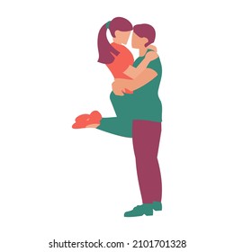 Man holds woman in arms, look at each other St Valentine card Flat vector illustration