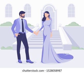 A man holds a woman by the hand and accompanies her. A man meets a woman on the stairs. Festive event for the couple. Vector illustration.