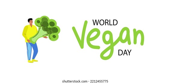 man holds broccoliб, World Vegetarian Day concept. conscious choice in favor of a healthy diet.vector flat banner
