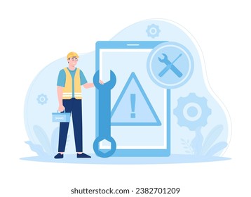 A man holds a wrench in his hand and a tool box trending concept flat illustration