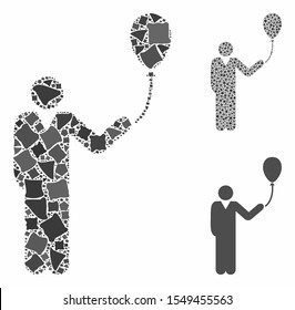 Man with holiday balloon composition of irregular items in variable sizes and color hues, based on man with holiday balloon icon. Vector trembly items are grouped into composition.