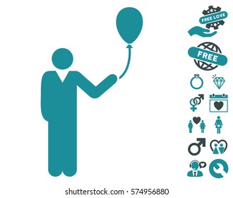 Man With Holiday Balloon icon with bonus love graphic icons. Vector illustration style is flat iconic soft blue symbols on white background.