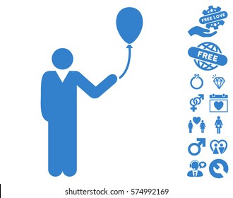 Man With Holiday Balloon pictograph with bonus dating icon set. Vector illustration style is flat iconic cobalt symbols on white background.
